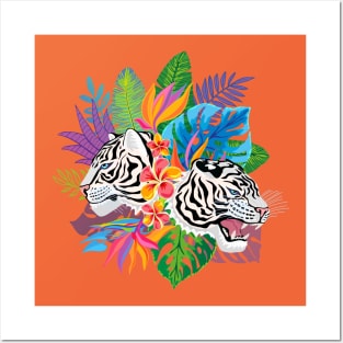 White Tigers and Exotic Flowers Posters and Art